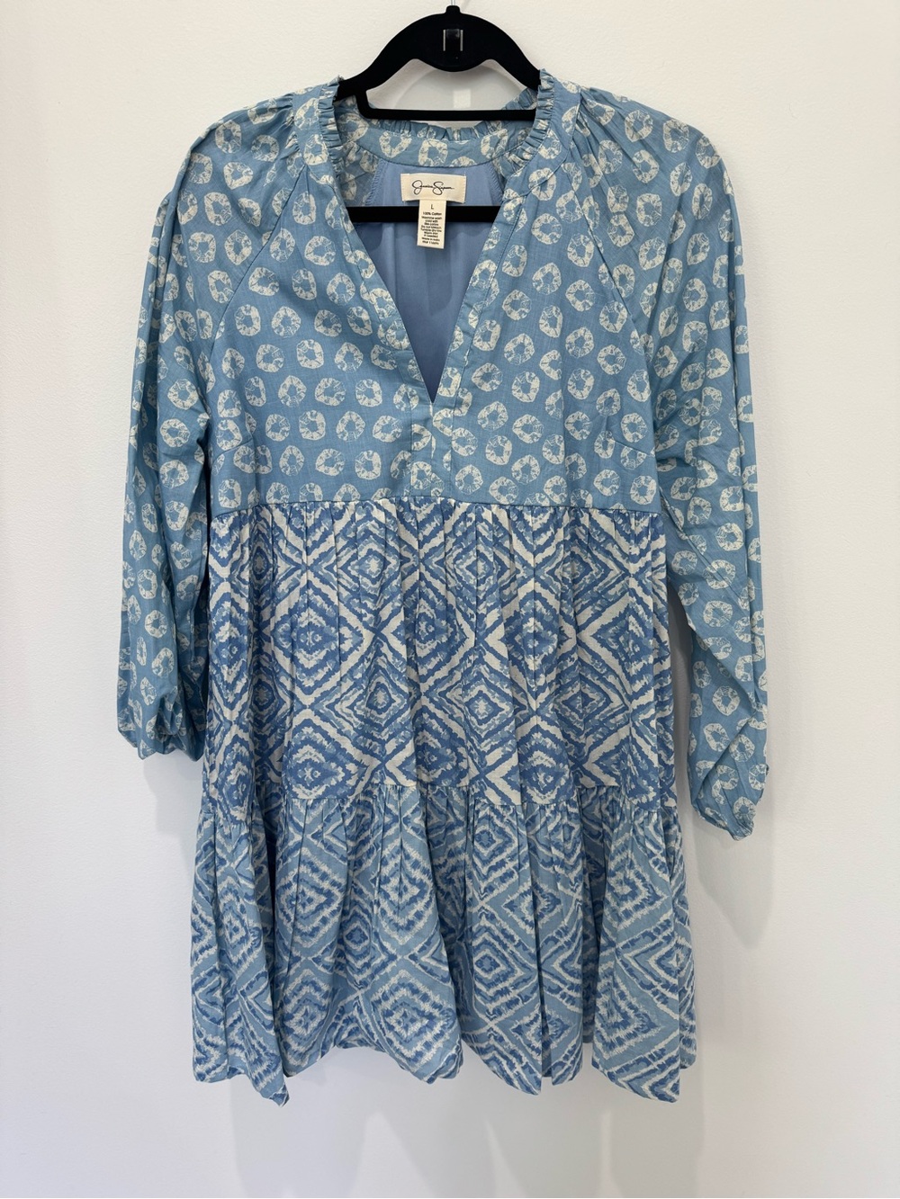 Jessica Simpson Light Blue and White Patterned Tiered Dress